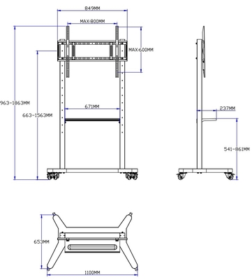 55" - 86" Ρυθμίσιμο Mobile TV Stand με τροχούς, συμβατότητα για 43" - 100" επίπεδες/κυμμένες οθόνες μέχρι 220 lbs Steel Frame, 5 επιλογές ύψους, Rolling TV Cart