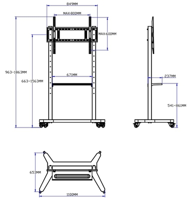 55" - 86" Ρυθμίσιμο Mobile TV Stand με τροχούς, συμβατότητα για 43" - 100" επίπεδες/κυμμένες οθόνες μέχρι 220 lbs Steel Frame, 5 επιλογές ύψους, Rolling TV Cart